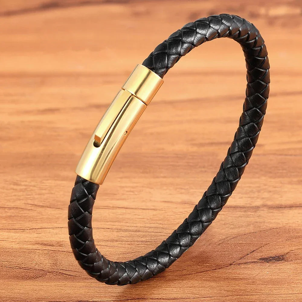 Bracelet en cuir pour homme avec bouton en acier inoxydable or / 19 cm