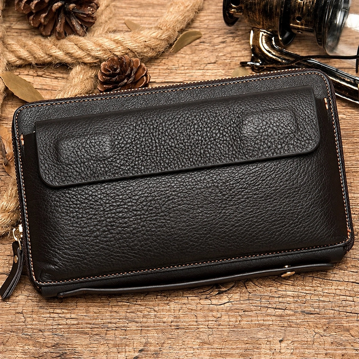 Pochette Cuir Grainé Homme Simple Zip