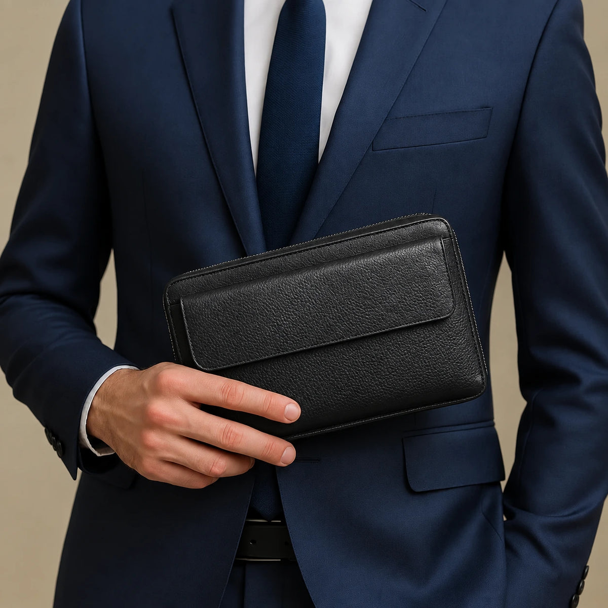 Pochette Cuir Grainé Homme Simple Zip