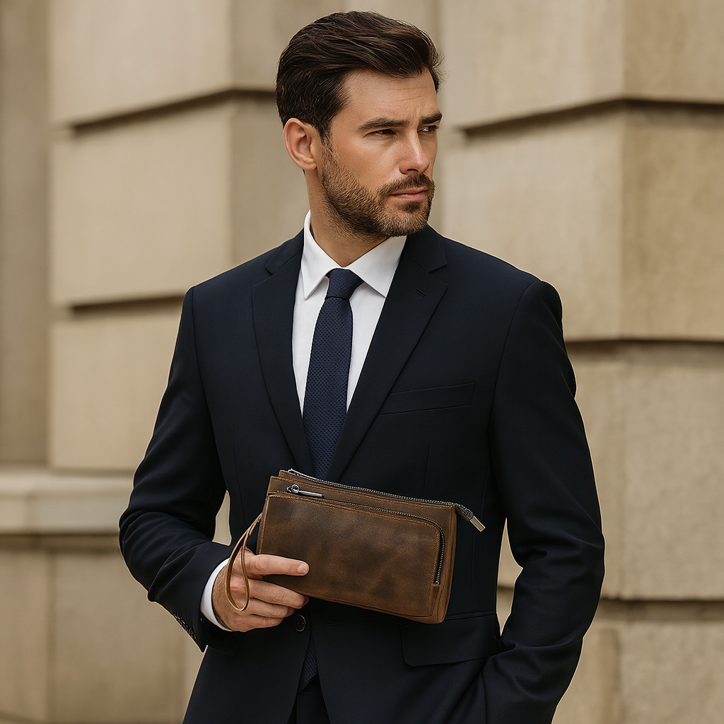 pochette homme en cuir marron élégante