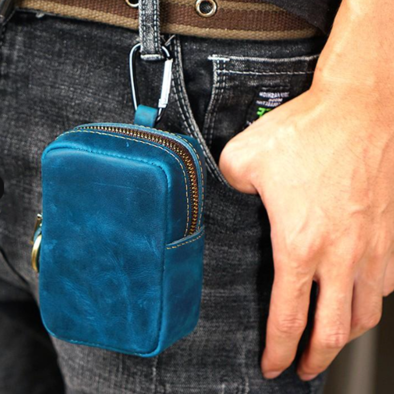 porte monnaie ceinture homme en cuir veritable bleu