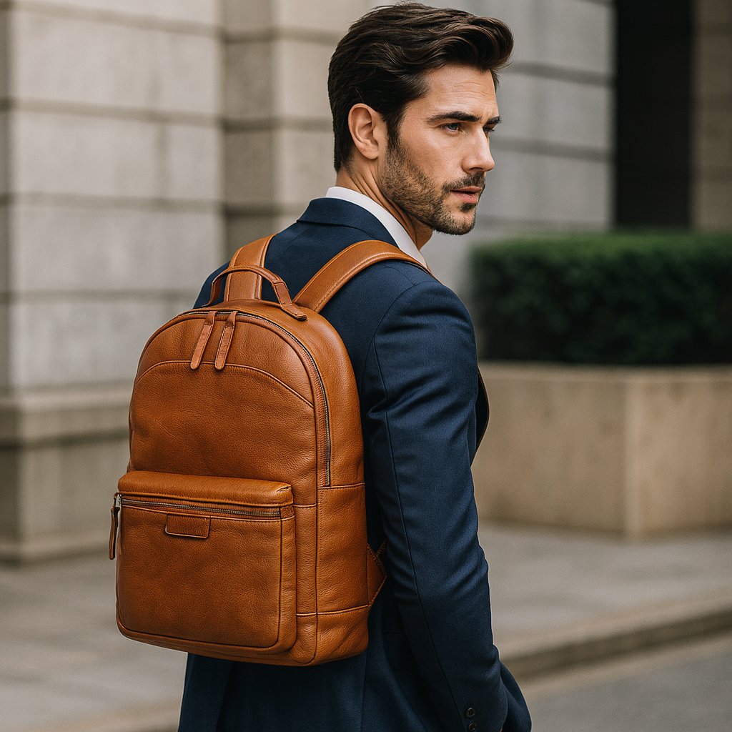 sac à dos cuir homme tendance marron porté par homme élégant