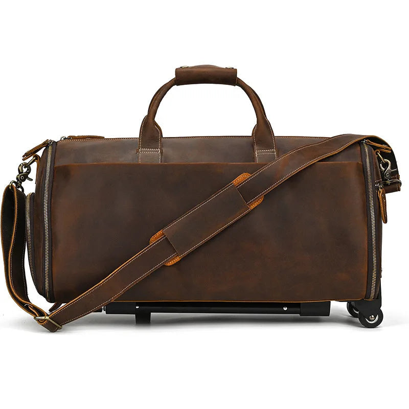 Sac de voyage costume en cuir avec roulettes marron