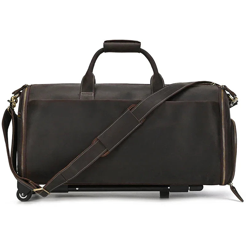 Sac de voyage costume en cuir avec roulettes marron foncé