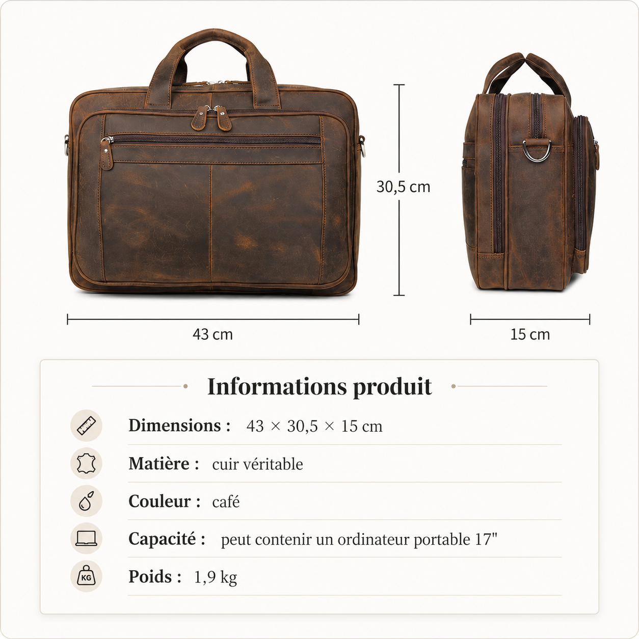 Sacoche cuir homme grand format 17 pouces