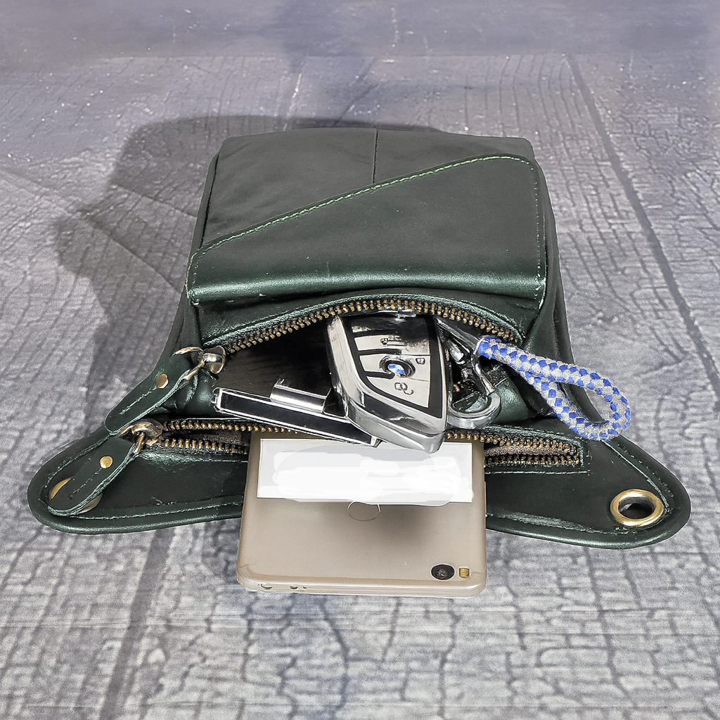 Sacoche de jambe cuir homme vert fonce