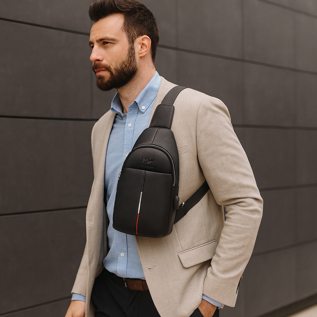 homme portant une sacoche bandoulière noire tendance