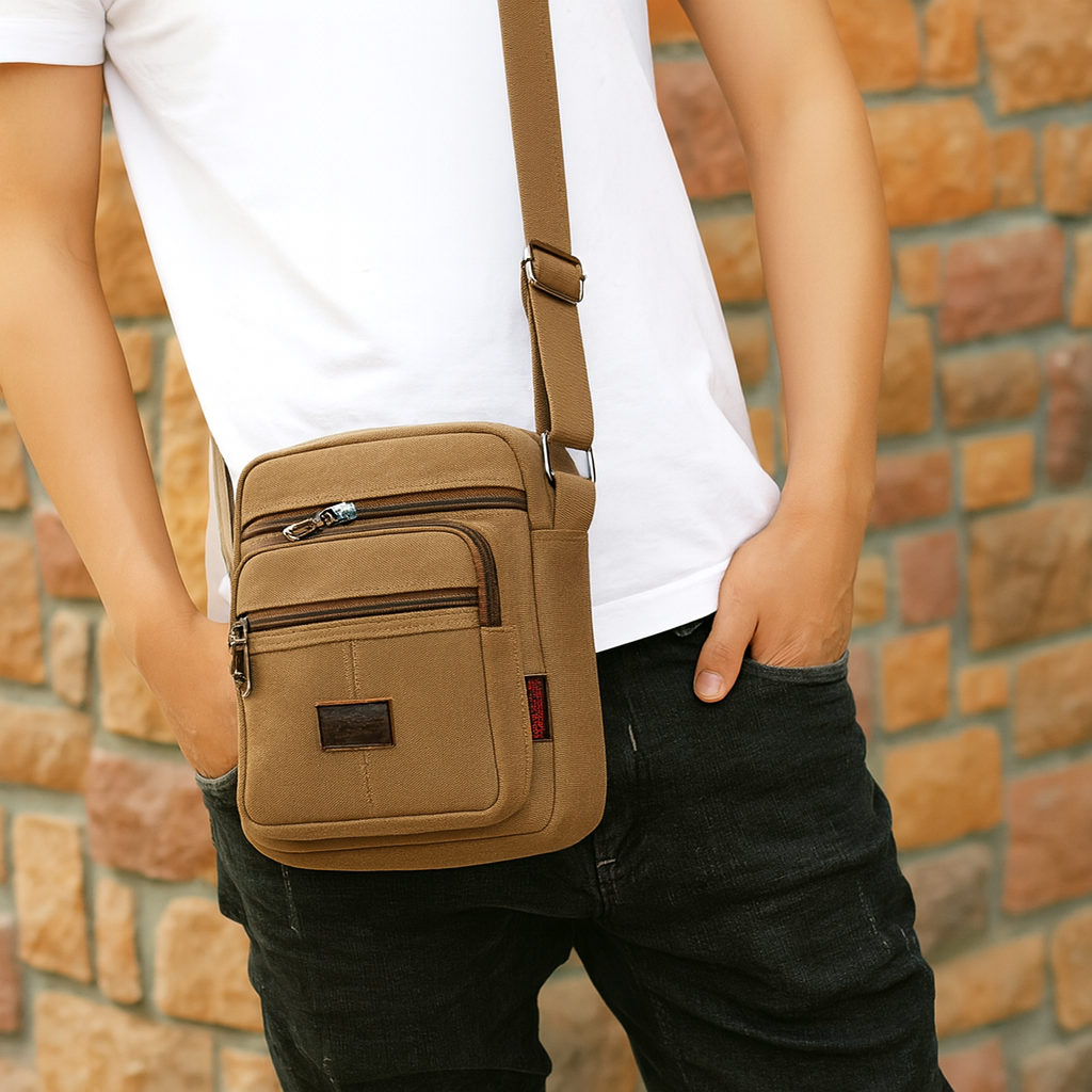 Sacoche pour homme en tissu beige