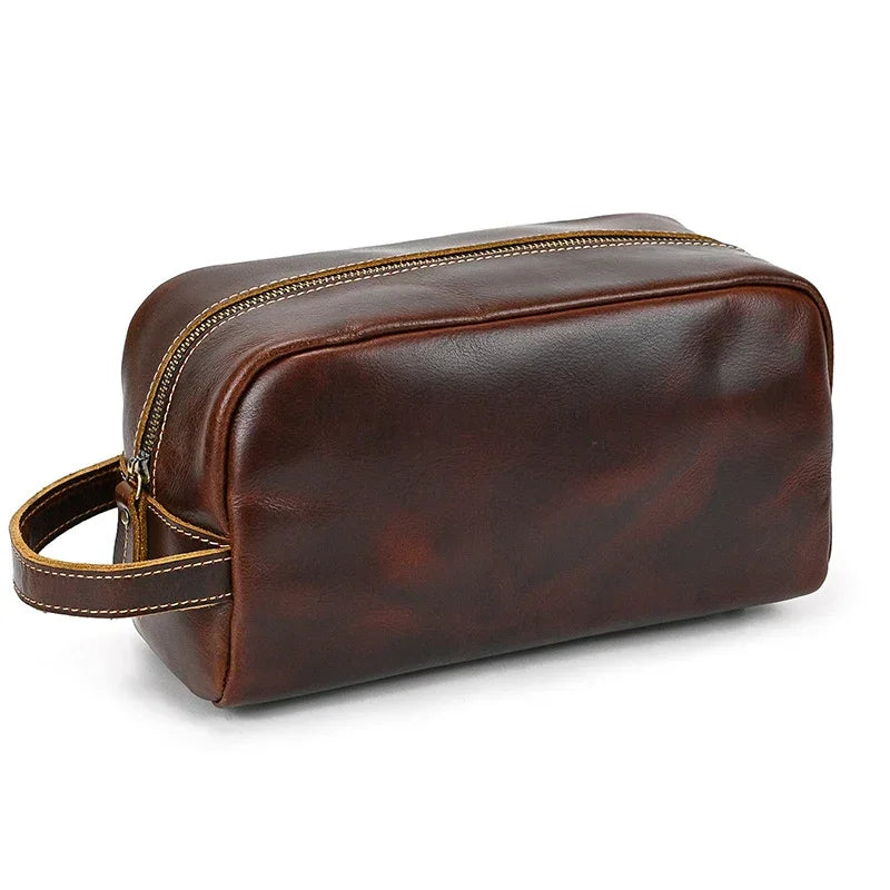 Trousse de toilette en cuir homme marron