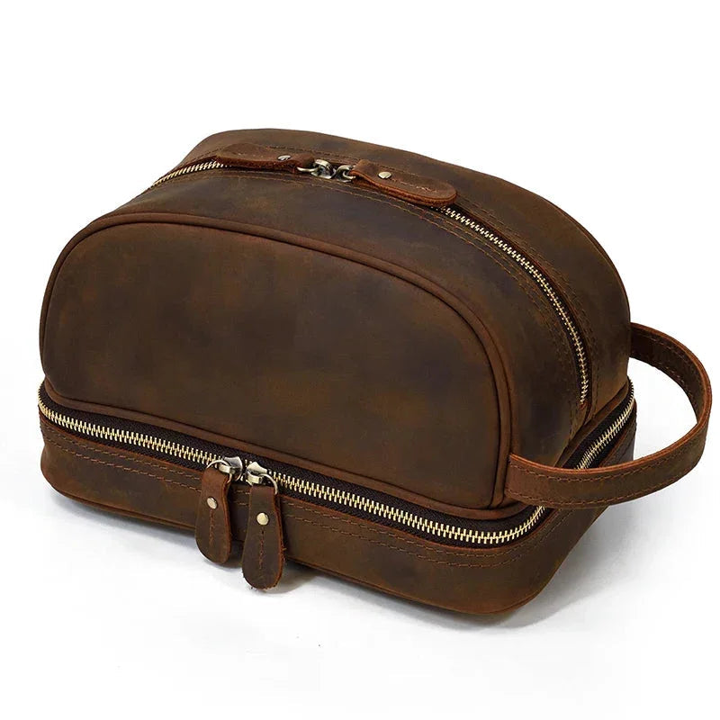 Trousse de toilette homme en cuir marron