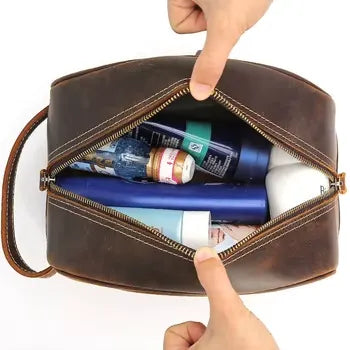 trousse de toilette homme en cuir marron fonce