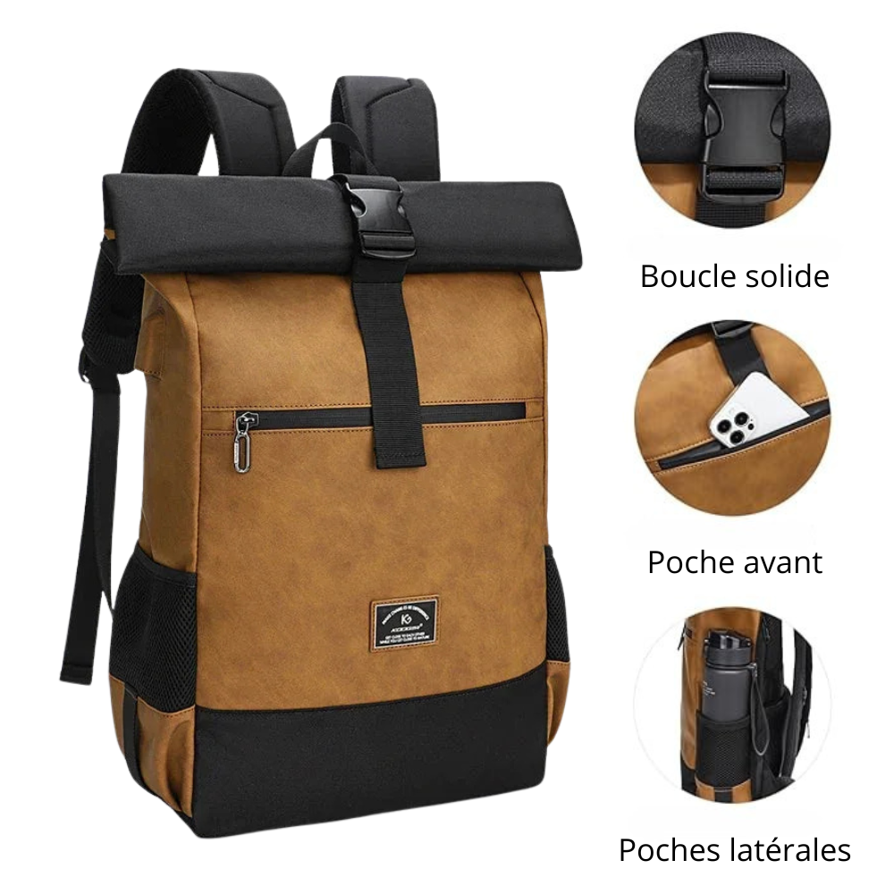 sac à dos roll top marron et noir homme tendance 
