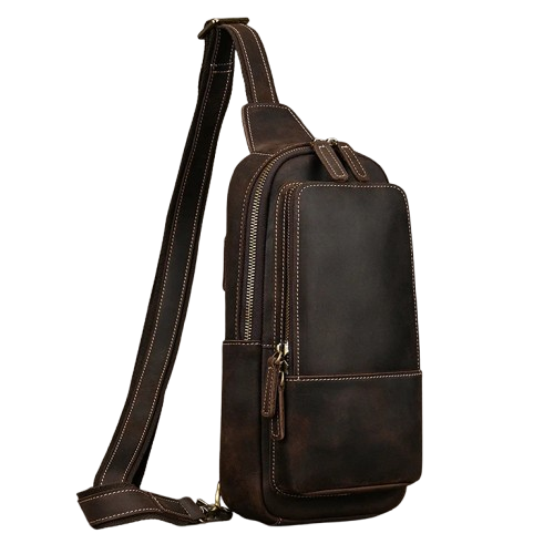 Sac Bandoulière Homme En Cuir Véritable Marron Foncé - Taille Moyenne, Style Rétro, Neuf Avec étiquettes